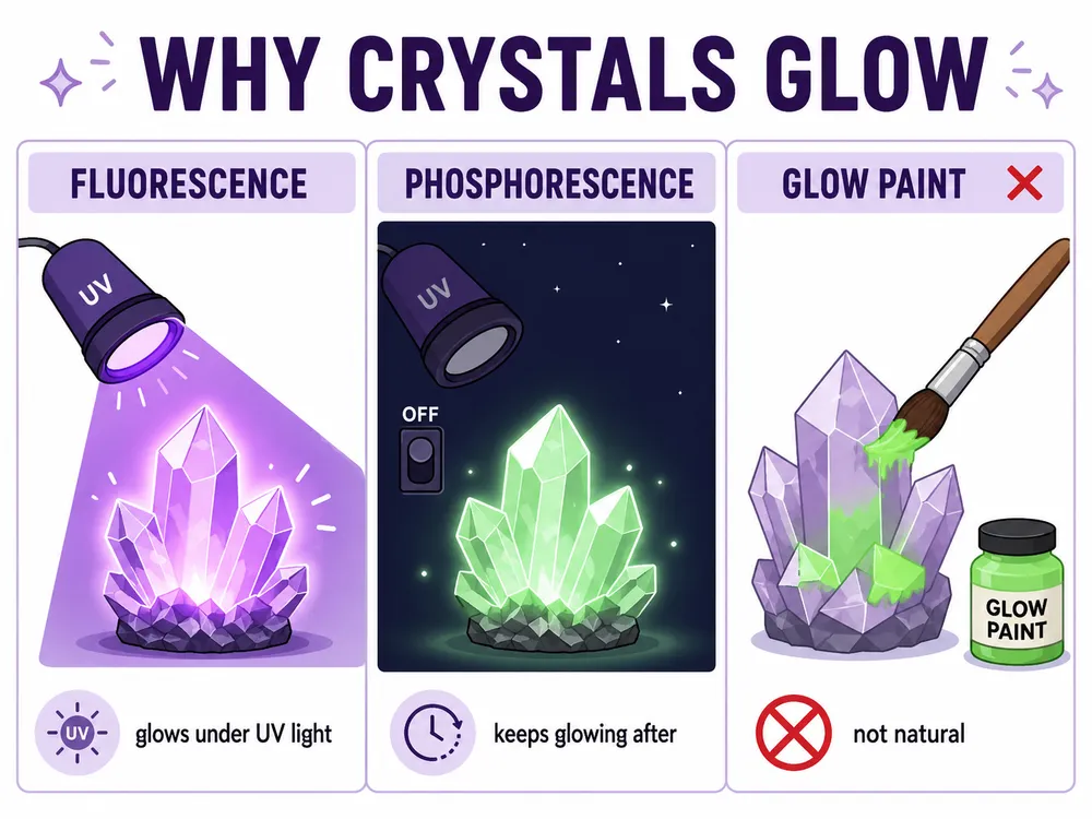 Why crystals glow: fluorescence vs phosphorescence vs glow paint